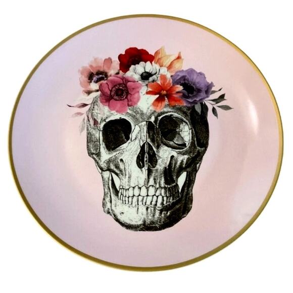 NEW Pink Rose Skull Plates Porcelain Salad Dessert App Set Of 4 for Halloween - Picture 1 of 3
